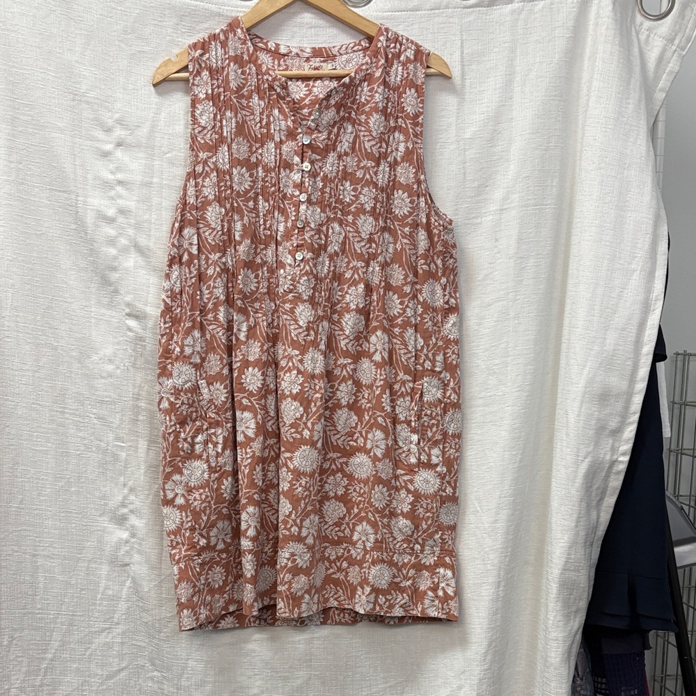 Faherty Floral Linen Button-Down Dress - Rust Tan and Cream - Size Large
